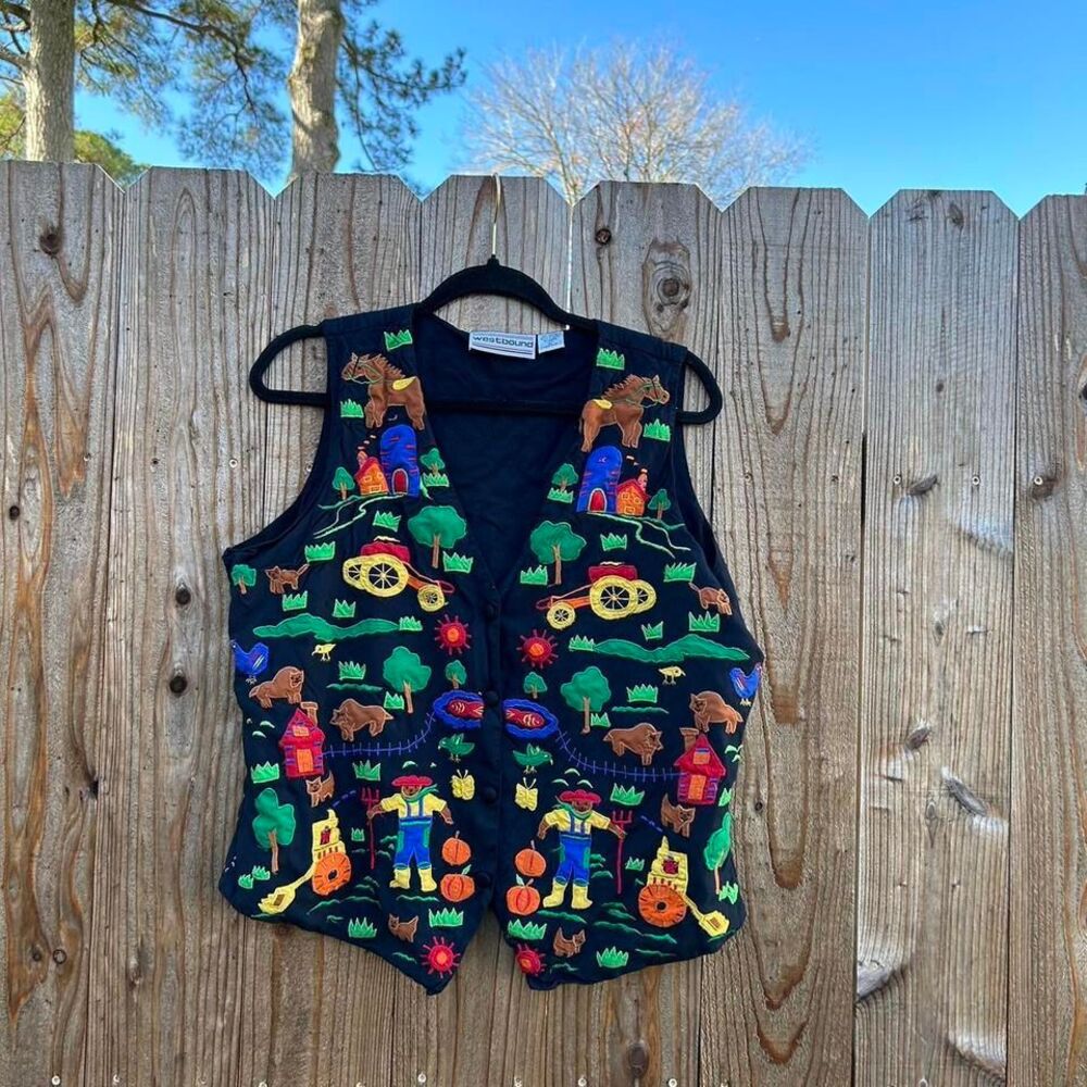 Westbound large cottagecore embroidered vest,‎ colorful grandmacore